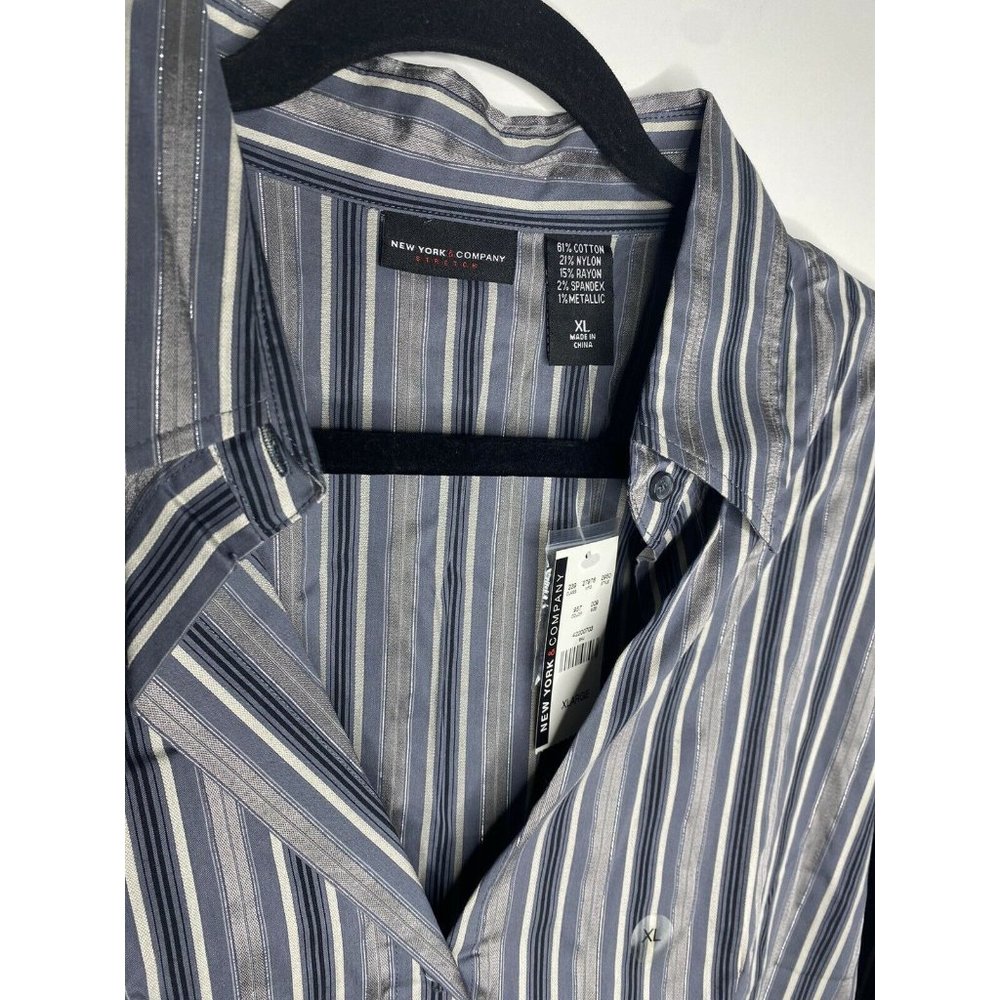New York & Company Blouse Size XL NEW Women's Button Down Stripped Silver Shirt - Picture 3 of 4
